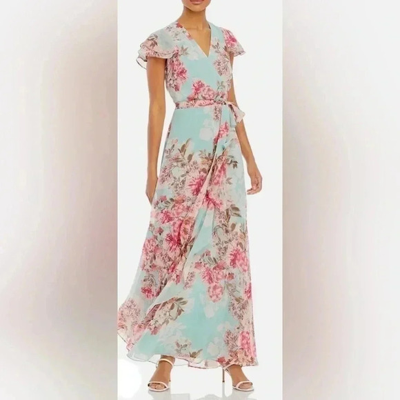 Eliza J Women’s Mint Green Flutter Floral Midi Sleeveless Belted Dress Size 8 - Picture 6 of 11